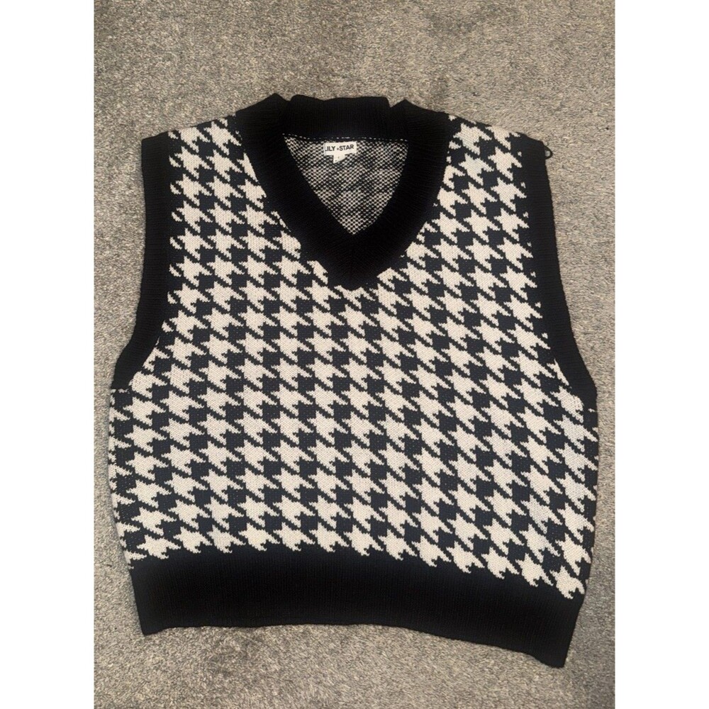 Preppy Oversized Houndstooth Sweater Vest Academia Black White Tennis Large
